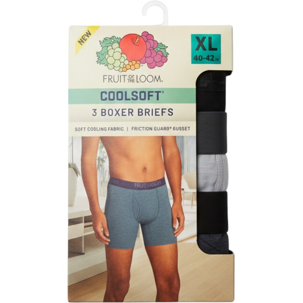 Fruit of the Loom Coolsoft 3 Pack Mens Boxer Briefs XL Black Grey Assorted